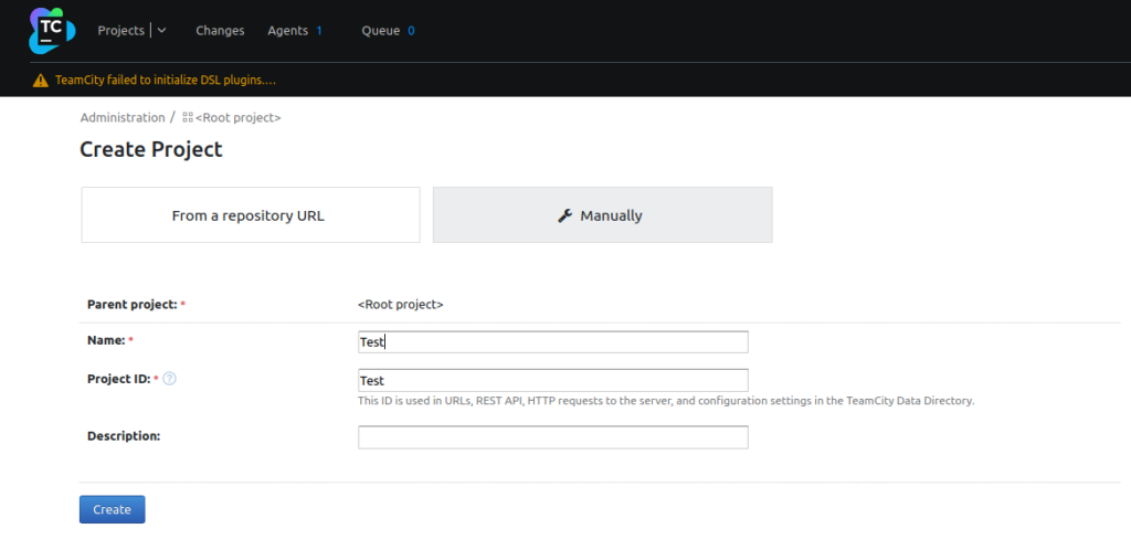 TeamCity create project page